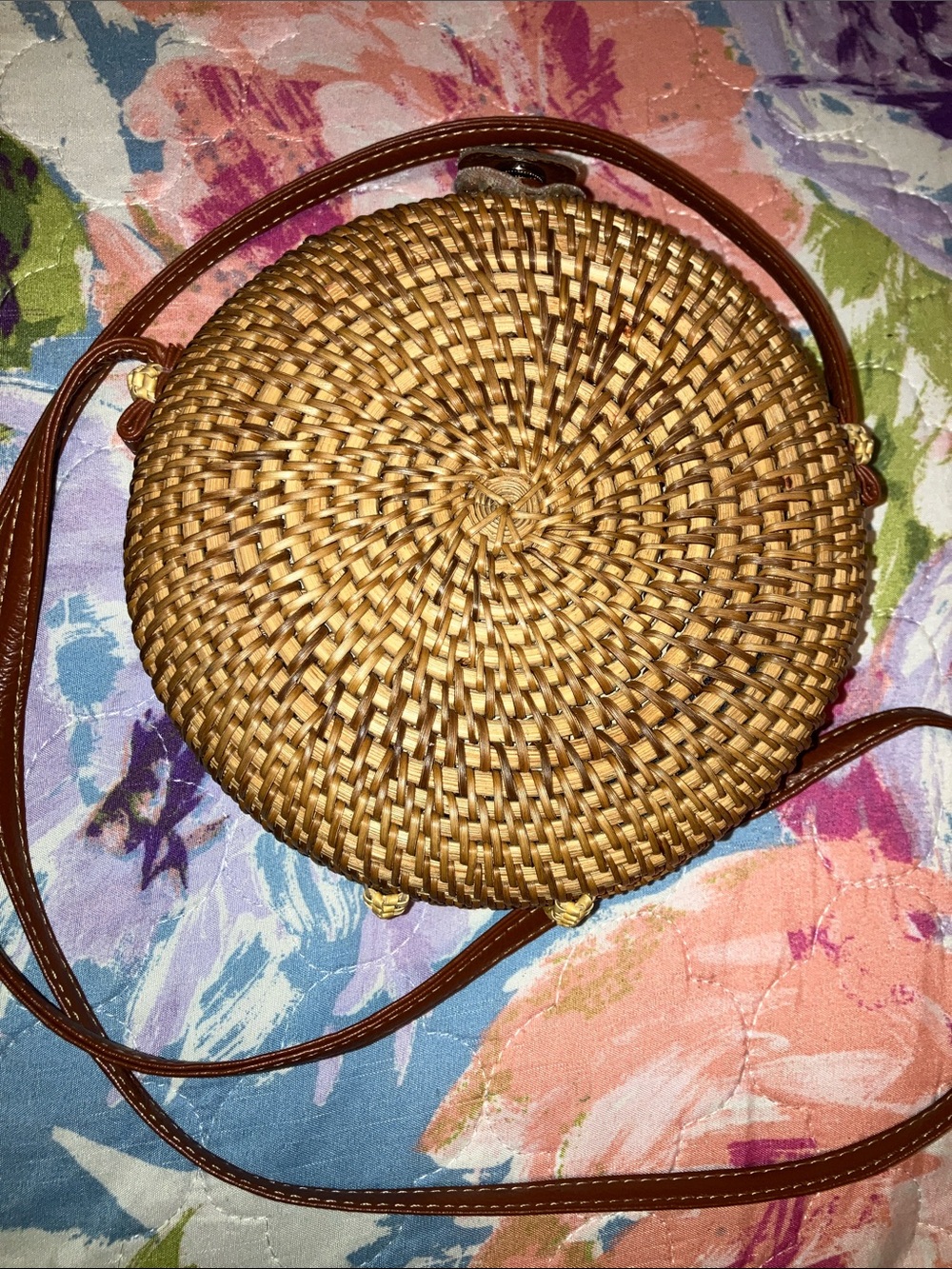 Round Woven Crossbody Bag in Tan with Brown Strap 7” X 7”